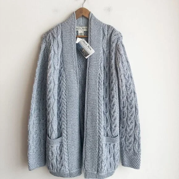Aran Mor Merino Wool Cable Knit Blue Open Front Cardigan L